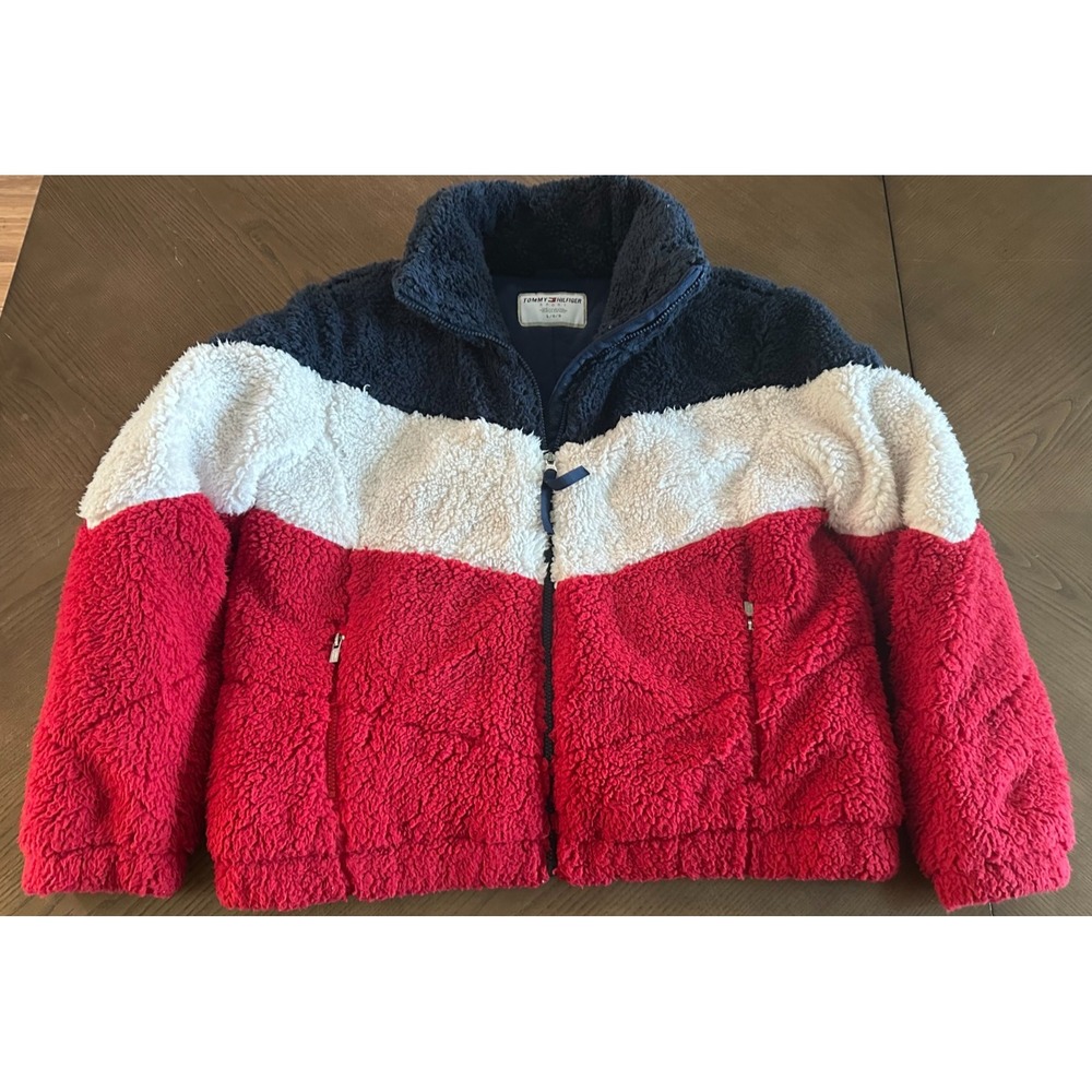 Tommy Hilfiger Blue Colorblock Multicolor Fleece Zipper‎ Jacket Teddy Size Large
